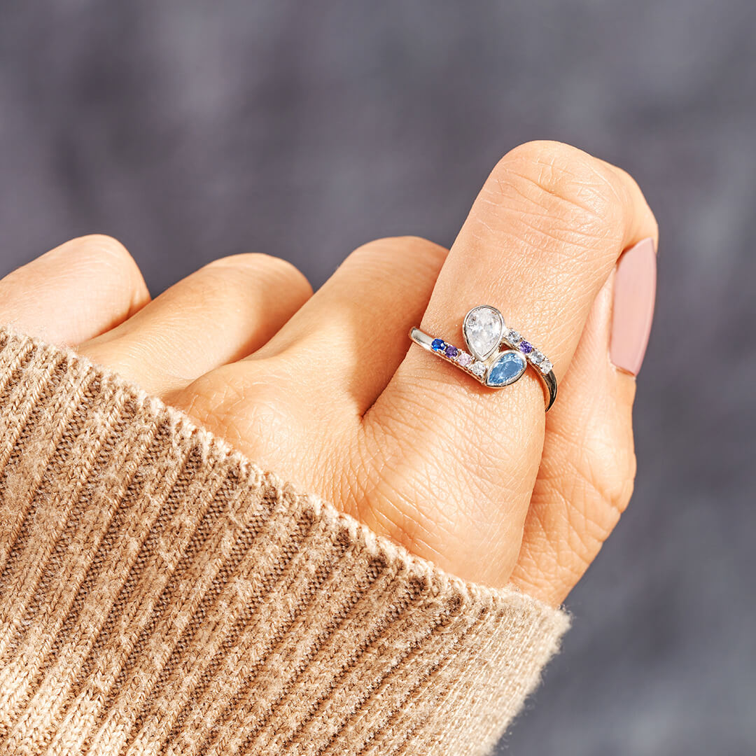 S925 Personalized Kids and Parents Birthstones Double drop Heart Ring