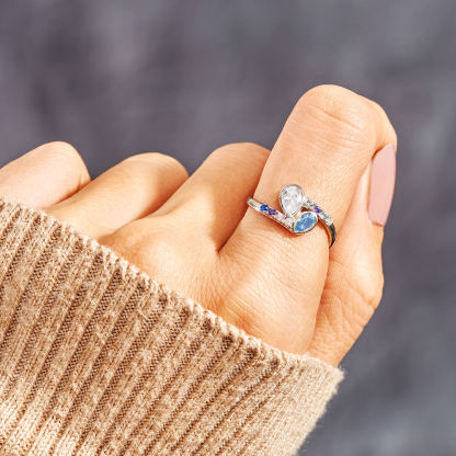 S925 Personalized Kids and Parents Birthstones Double drop Heart Ring