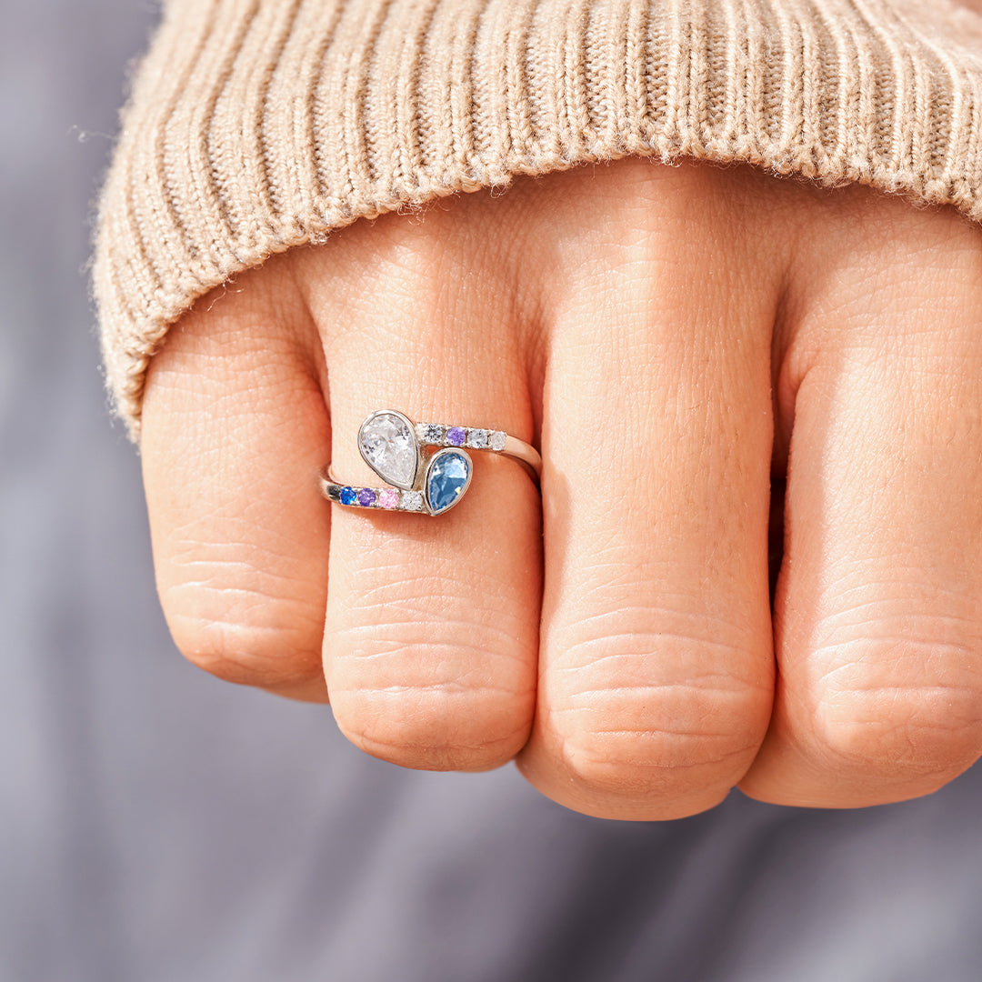 S925 Personalized Kids and Parents Birthstones Double drop Heart Ring