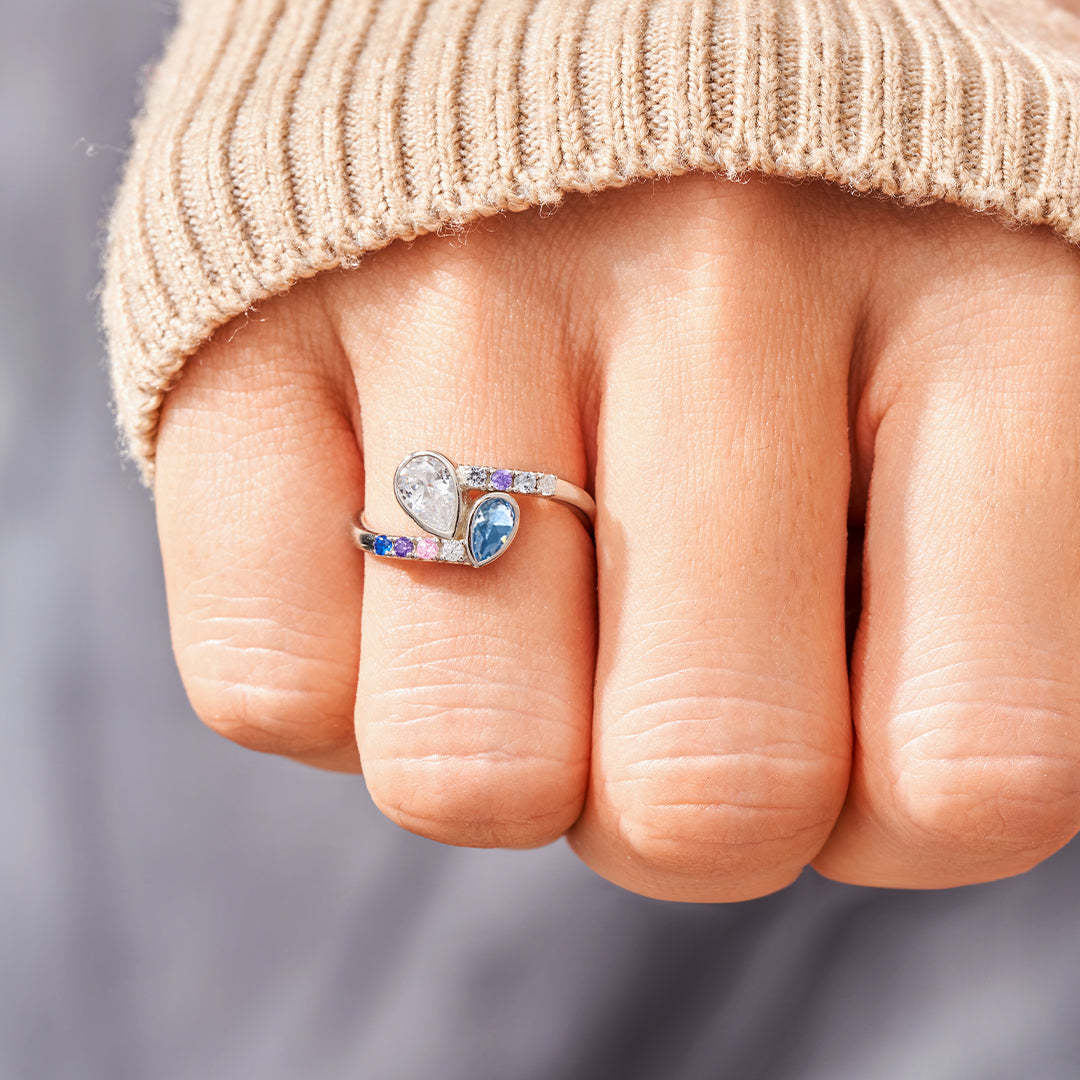 S925 Personalized Kids and Parents Birthstones Double drop Heart Ring