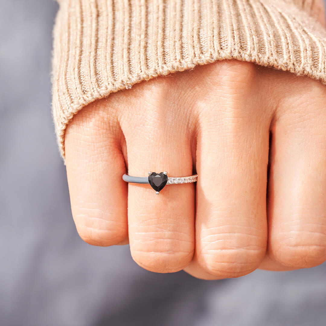 S925 Love Me Until Me Black Half Enamel Heart Ring