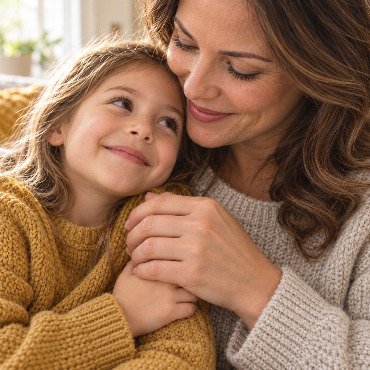 A mother holding her child close