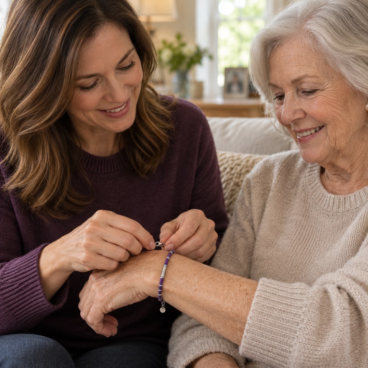 A daughter fastening a purple awareness bracelet on her mother's wrist