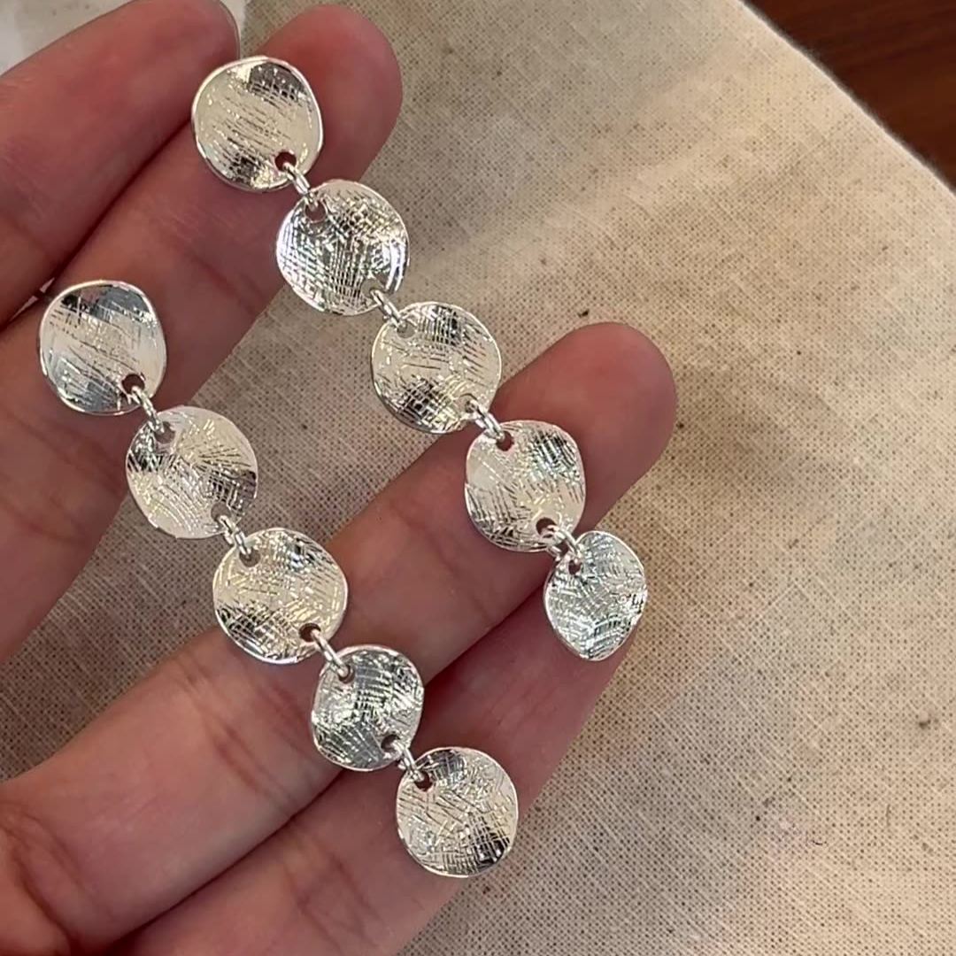 Textured Metal Disc Tassel Chain Earrings