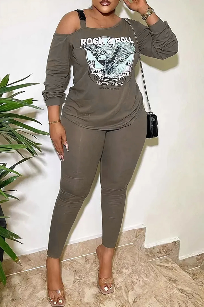 Letter & Eagle Print Buckle Asymmetrical Neck Top & Pants Set