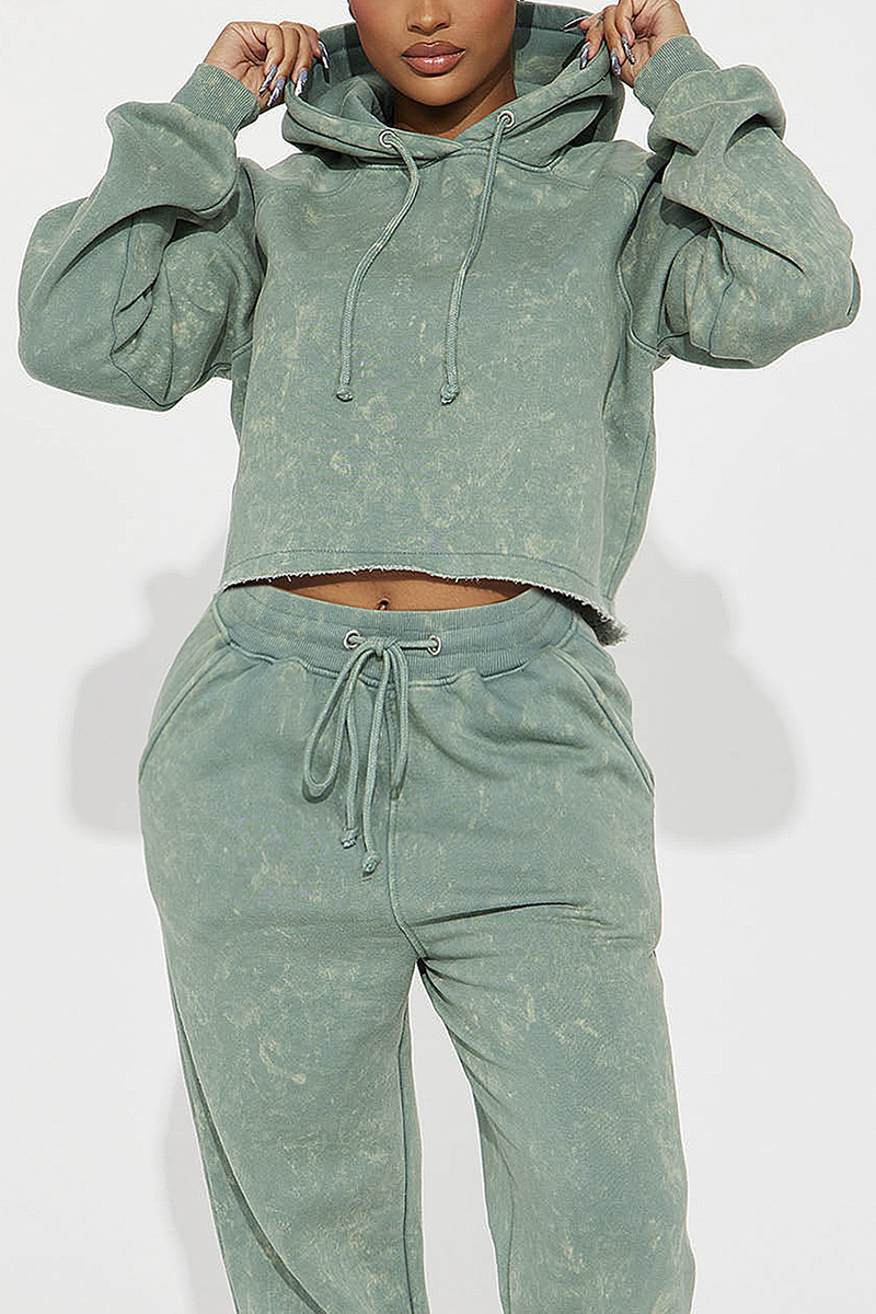 Acid Wash Raw Trim Drawstring Long Sleeve Crop Hoodie