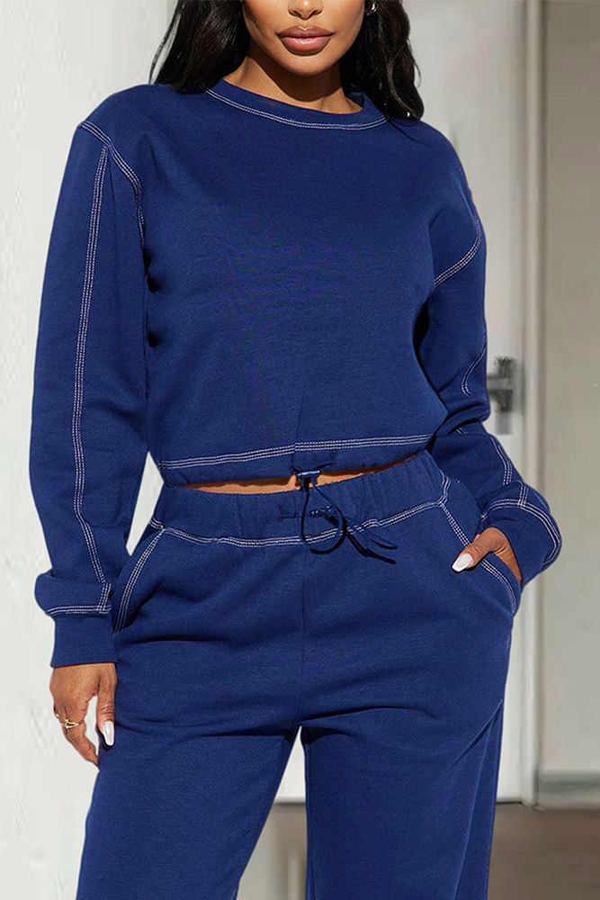 Solid Stitch Detail Drawstring Hem Long Sleeve Sweatshirt