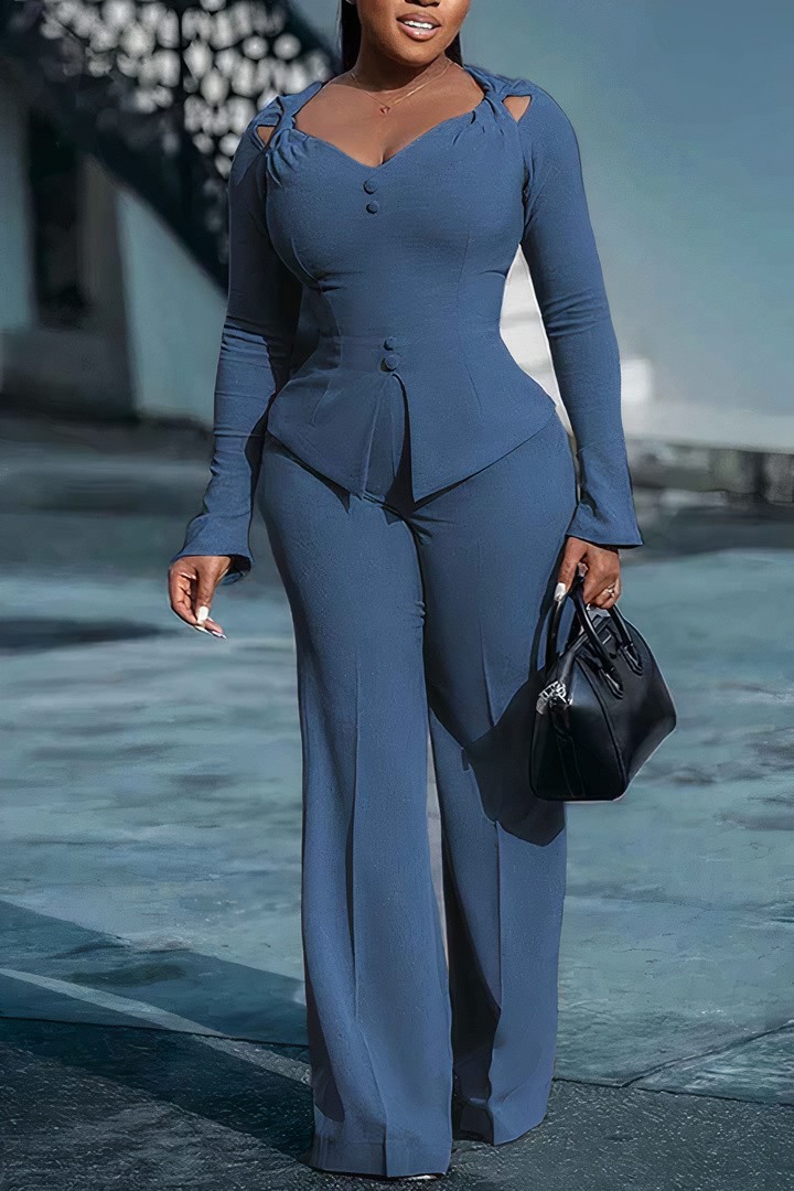 Solid Twist Shoulder Split Hem Top & Pants Set