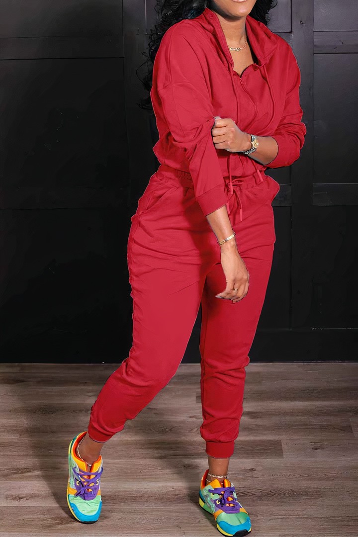 Solid Drawstring Zip Up Hoodie & Pants Set