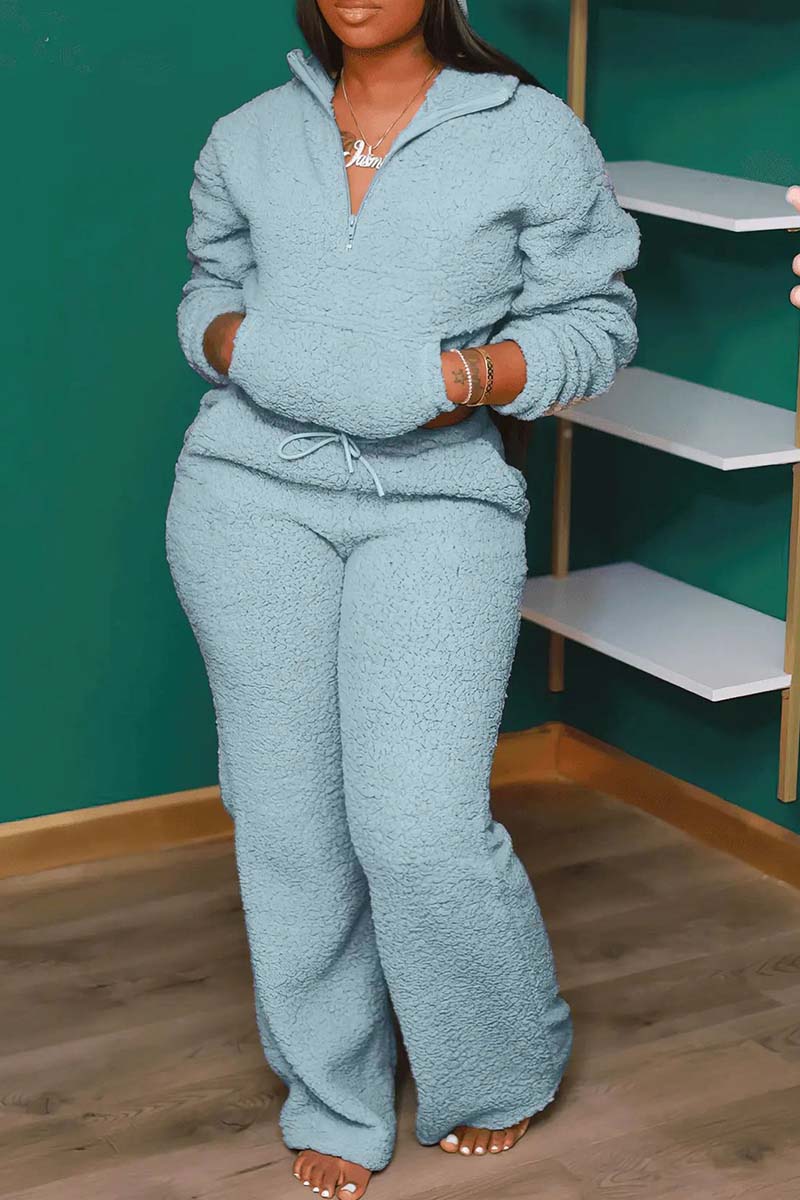 Solid Half Zip Kangaroo Pocket Fuzzy Top & Drawstring Pants Set