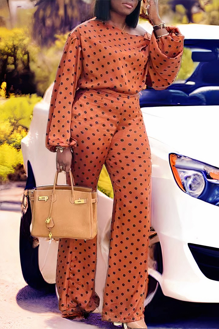 Polka Dot Print Oblique Shoulder Top & Pants Set