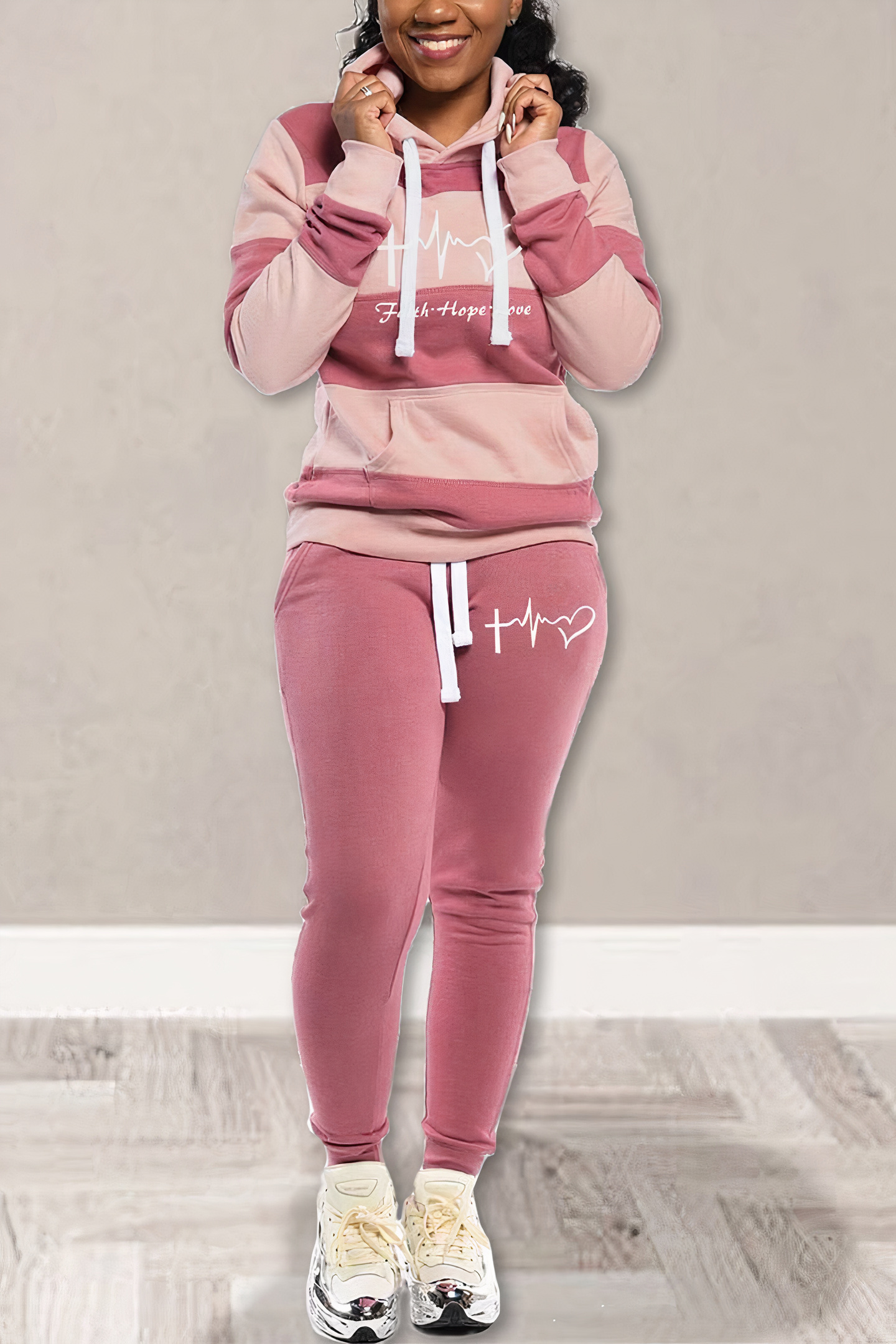 Thermal Lined Striped ECG Print Pocket Front Hoodie & Sweatpants Set