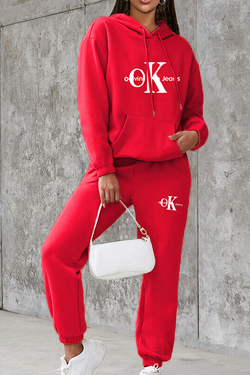 Letter Print Kangaroo Pocket Hoodie & Drawstring Pants Set
