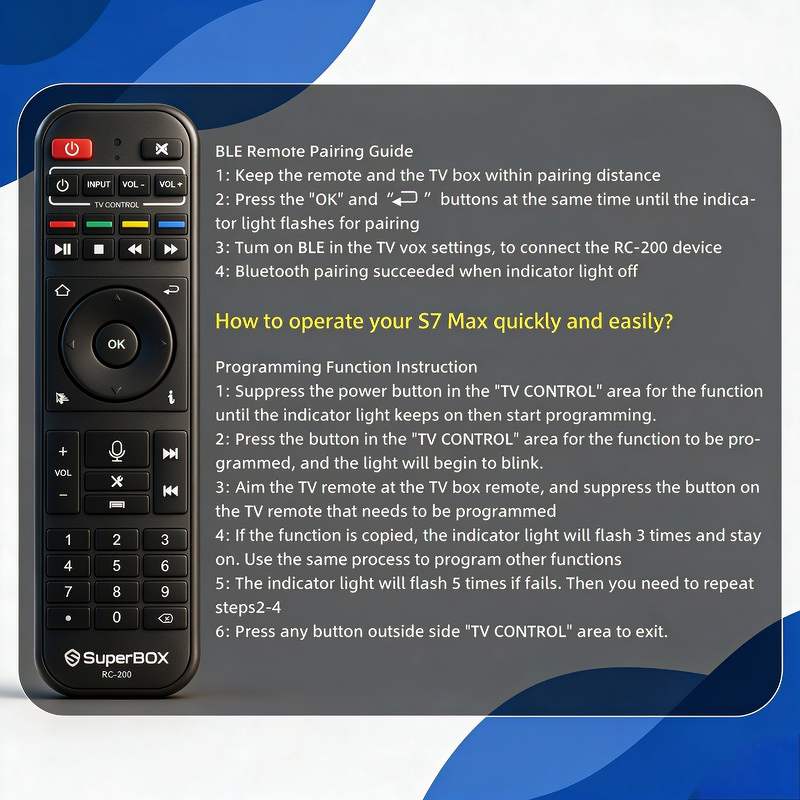 SuperBox RC-200 remote pairing and TV programming instructions