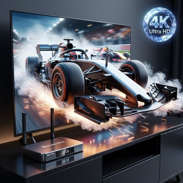 SuperBox S8 Ultra 4K Ultra HD playback with F1 racing and 4K diamond badge