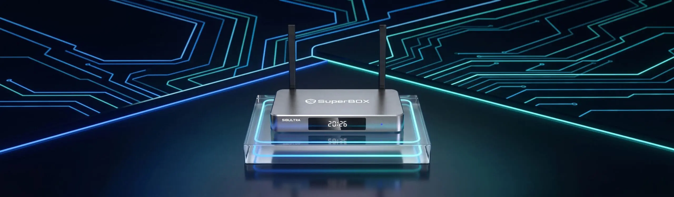 SuperBox S8 Ultra flagship Android TV box in silver metal finish on circuit board background