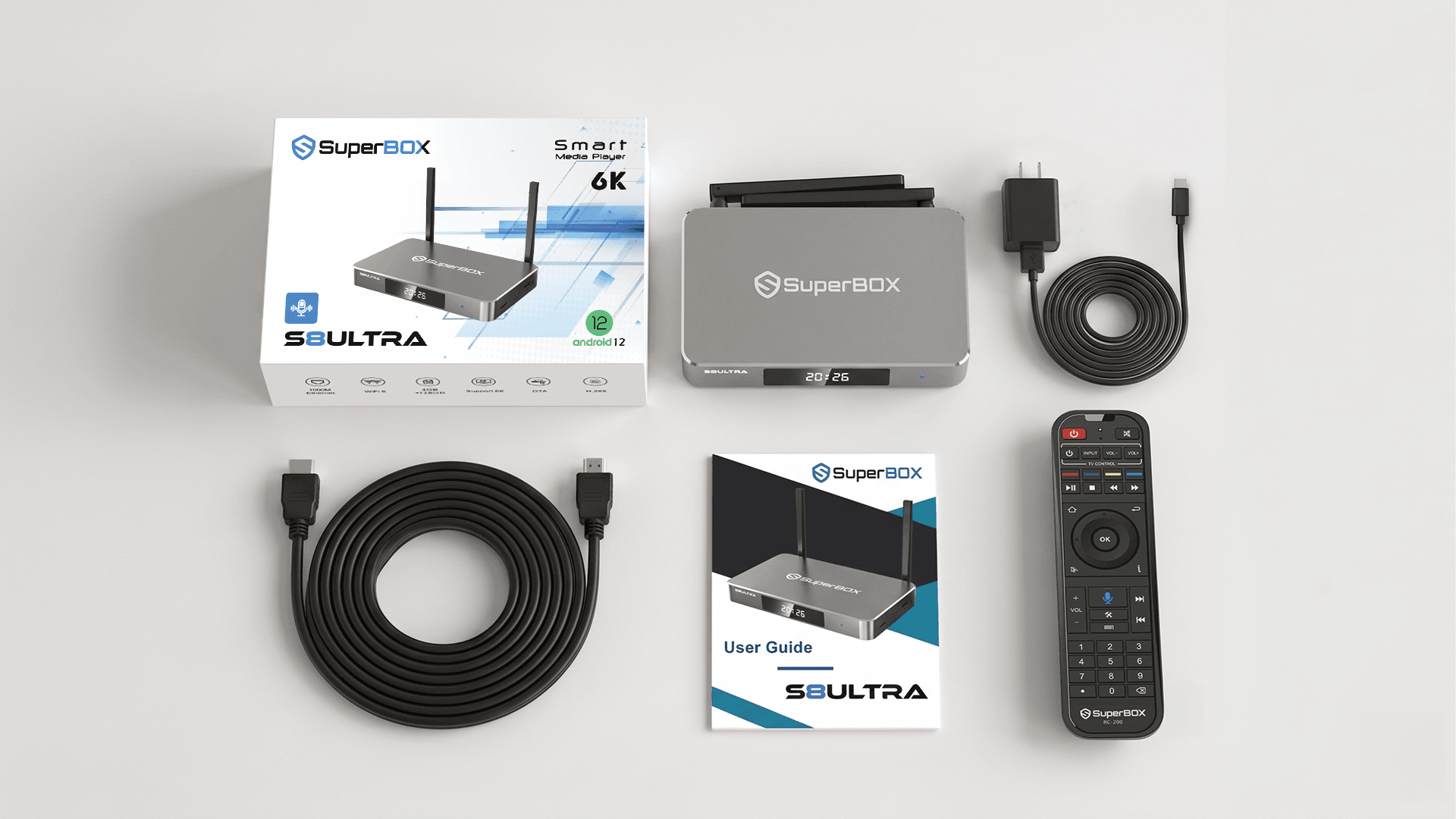 SuperBox S8 Ultra full package with box, unit, backlit remote, HDMI, power adapter, guide
