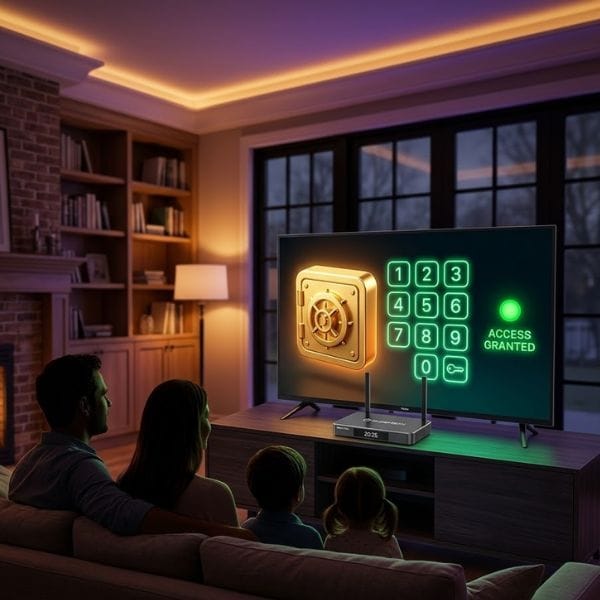 SuperBox S8 Ultra voice command with colorful sound waves and listening indicator