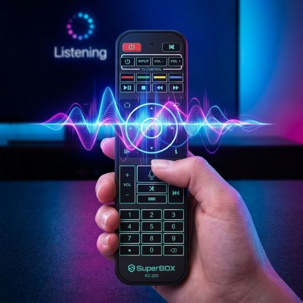 SuperBox S8 Ultra voice command with colorful sound waves and listening indicator