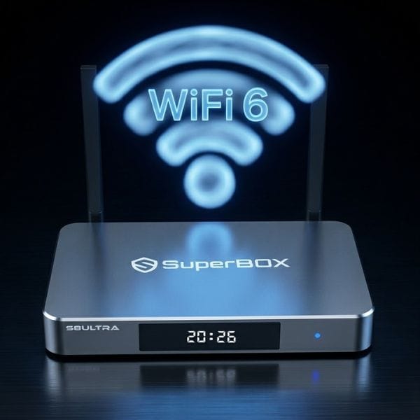 SuperBox S8 Ultra WiFi 6 with glowing WiFi icon and dark circuit background