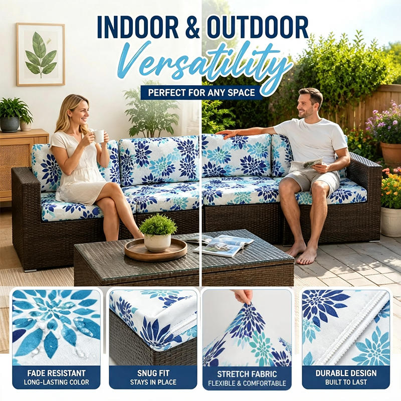 Blue Floral Pattern stretch fabric cushion cover 
