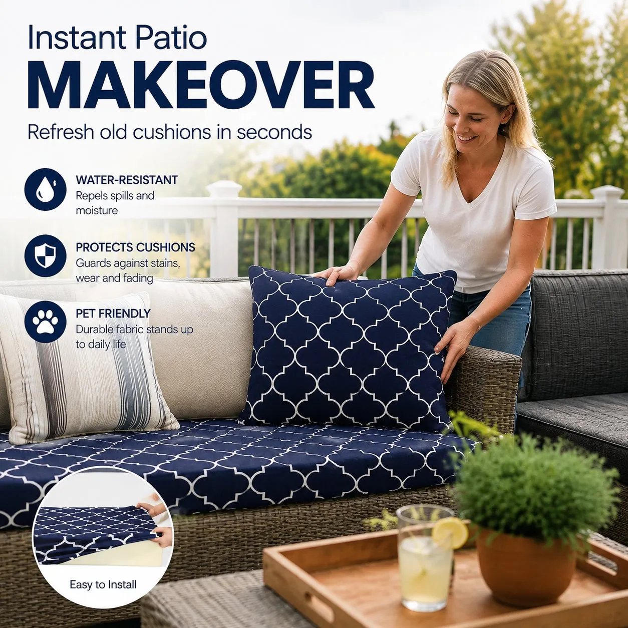 Navy Geometric Outdoor Patio Sofa Cushion Covers 