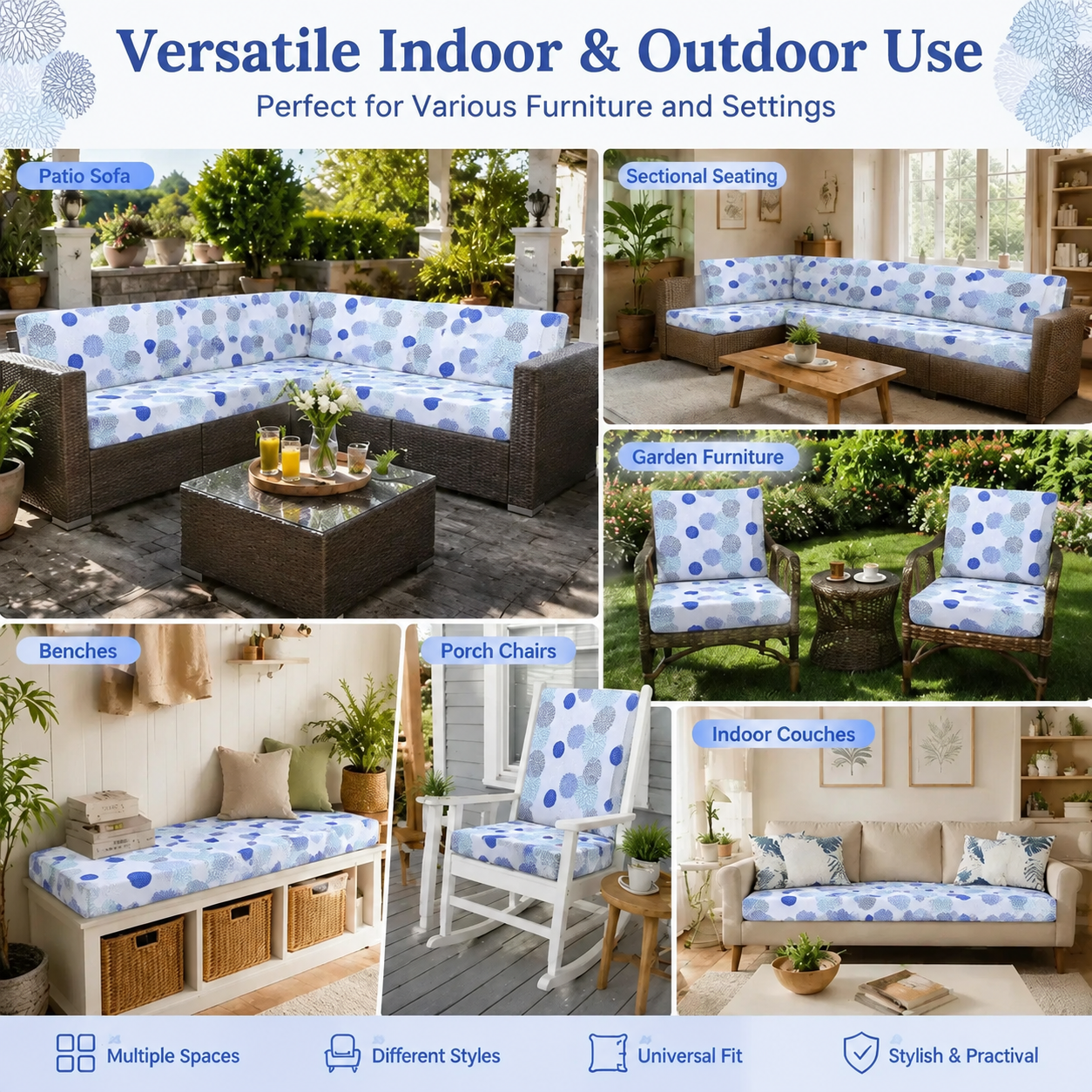 Light Blue Floral  Cushion Covers perfect for various funiture and settings indoor & outdoor