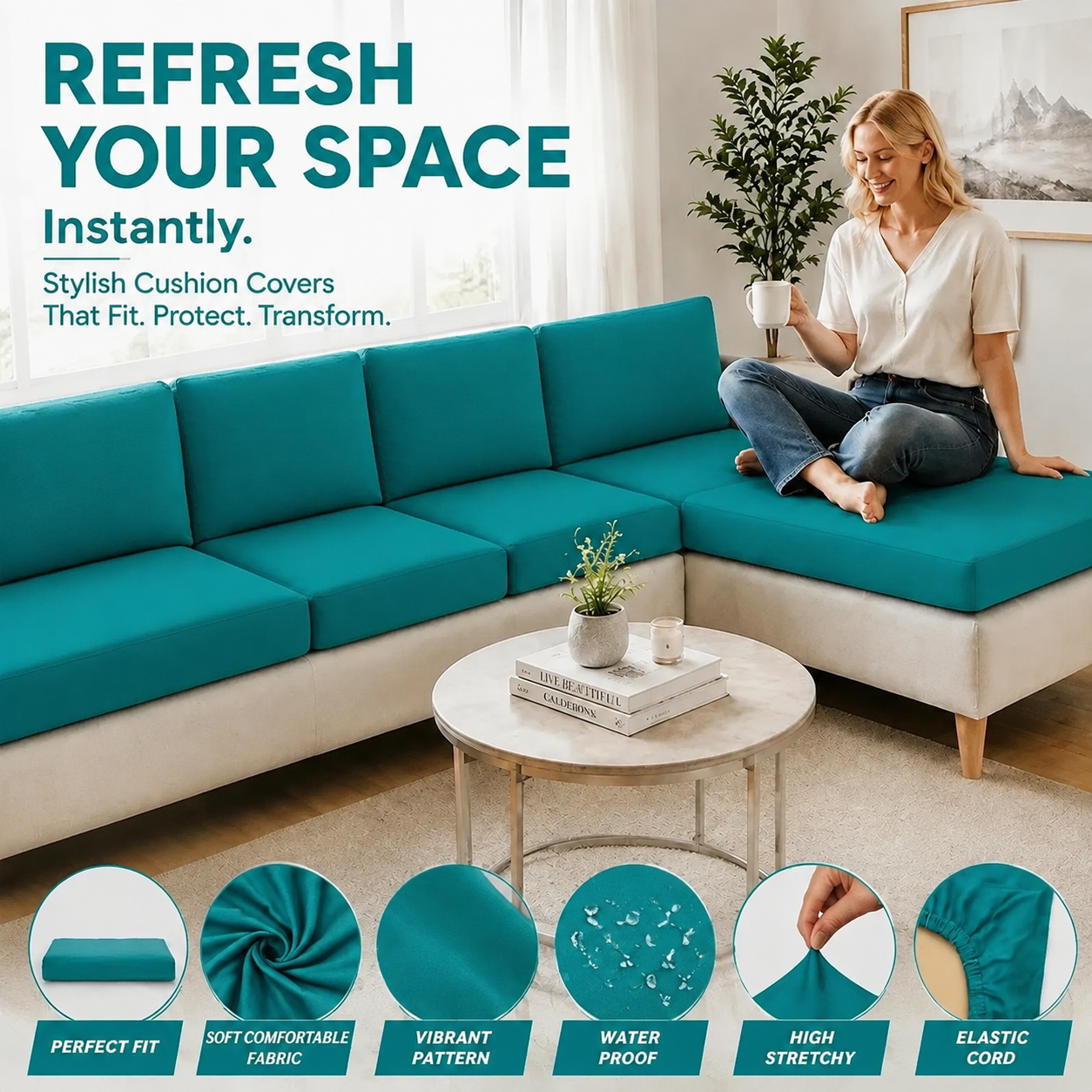 Teal indoor fitted sofa cushion cover