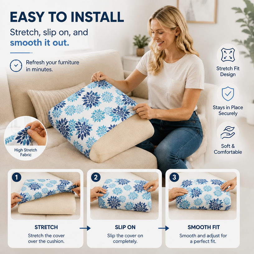 Blue Floral Pattern replacement cushion covers easy to install
