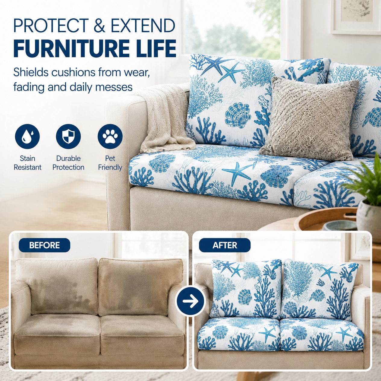 Light Blue Ocean replacement cushion covers for refresh coach