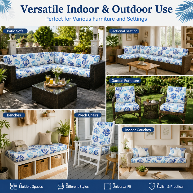 Blue Floral Pattern Cushion Covers perfect for various funiture and settings indoor & outdoor