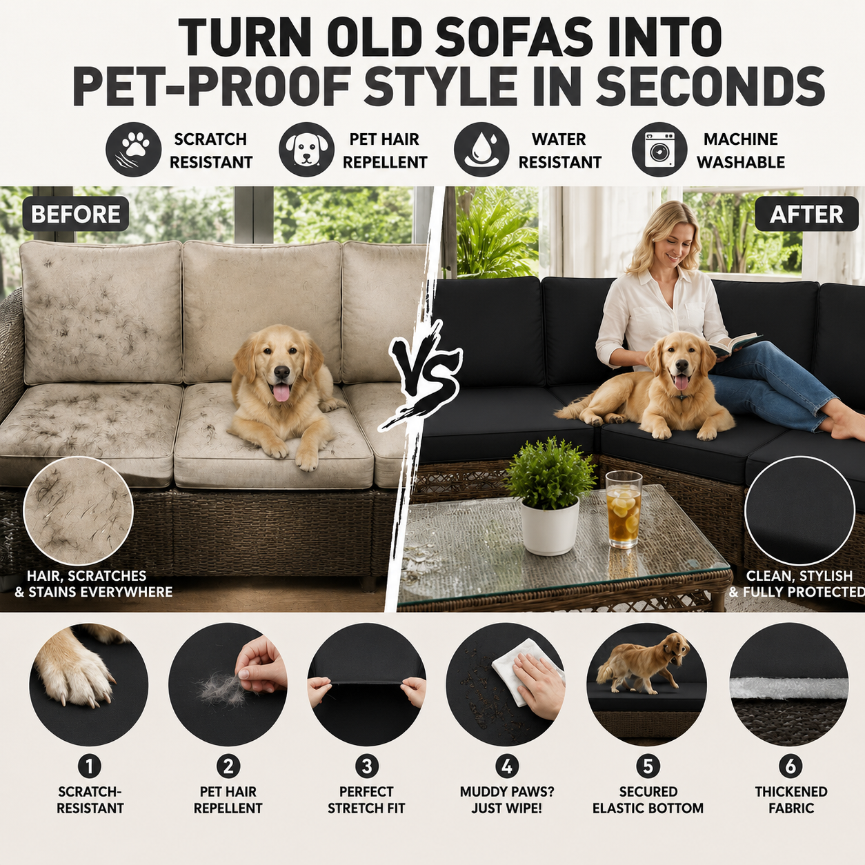  Black Pet Friendly cushion covers for  indoor sofa