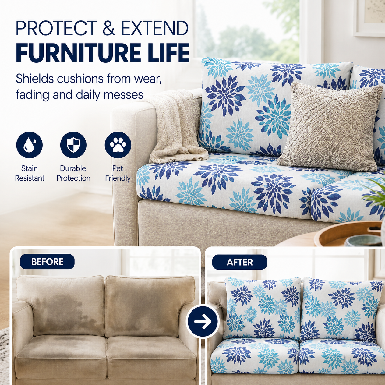 Blue Floral Pattern replacement cushion covers for refresh coach