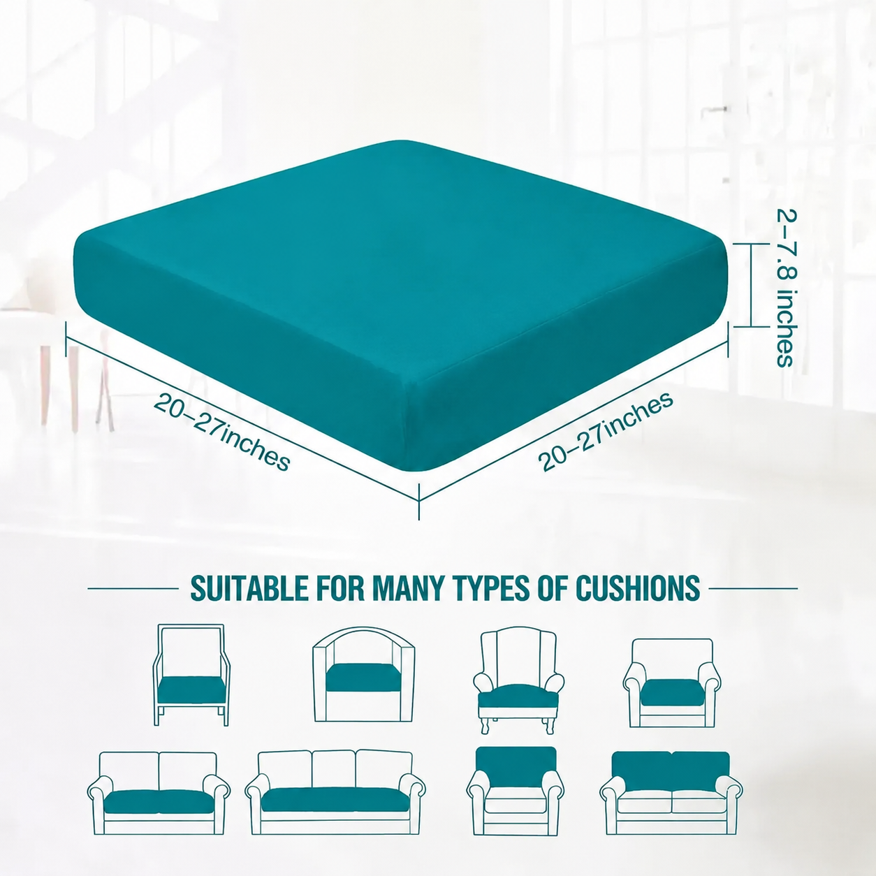 Teal Cushion cover size guide for different sofa cushions
