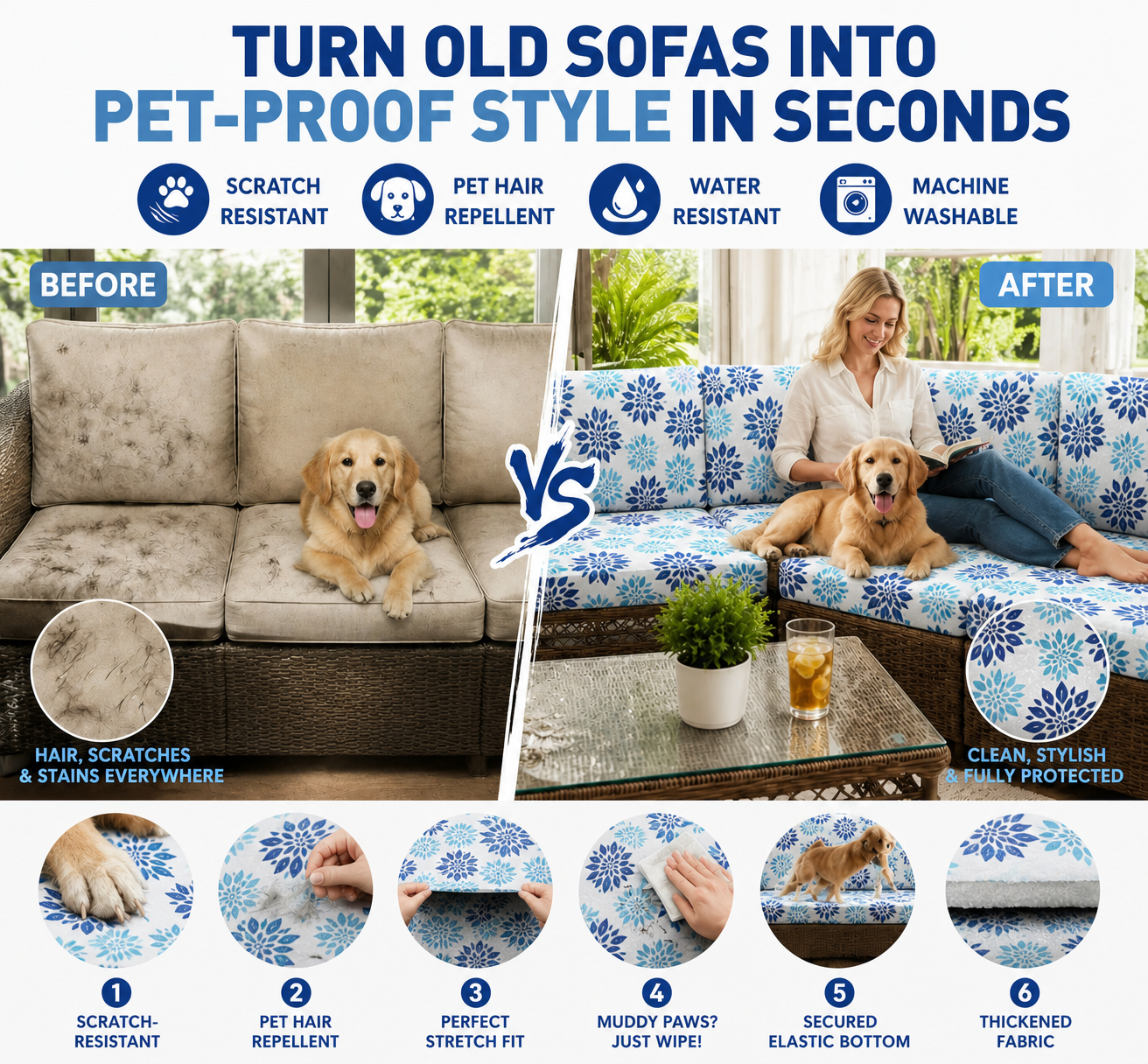 Blue Floral Pattern  Pet Friendly cushion covers for  indoor sofa