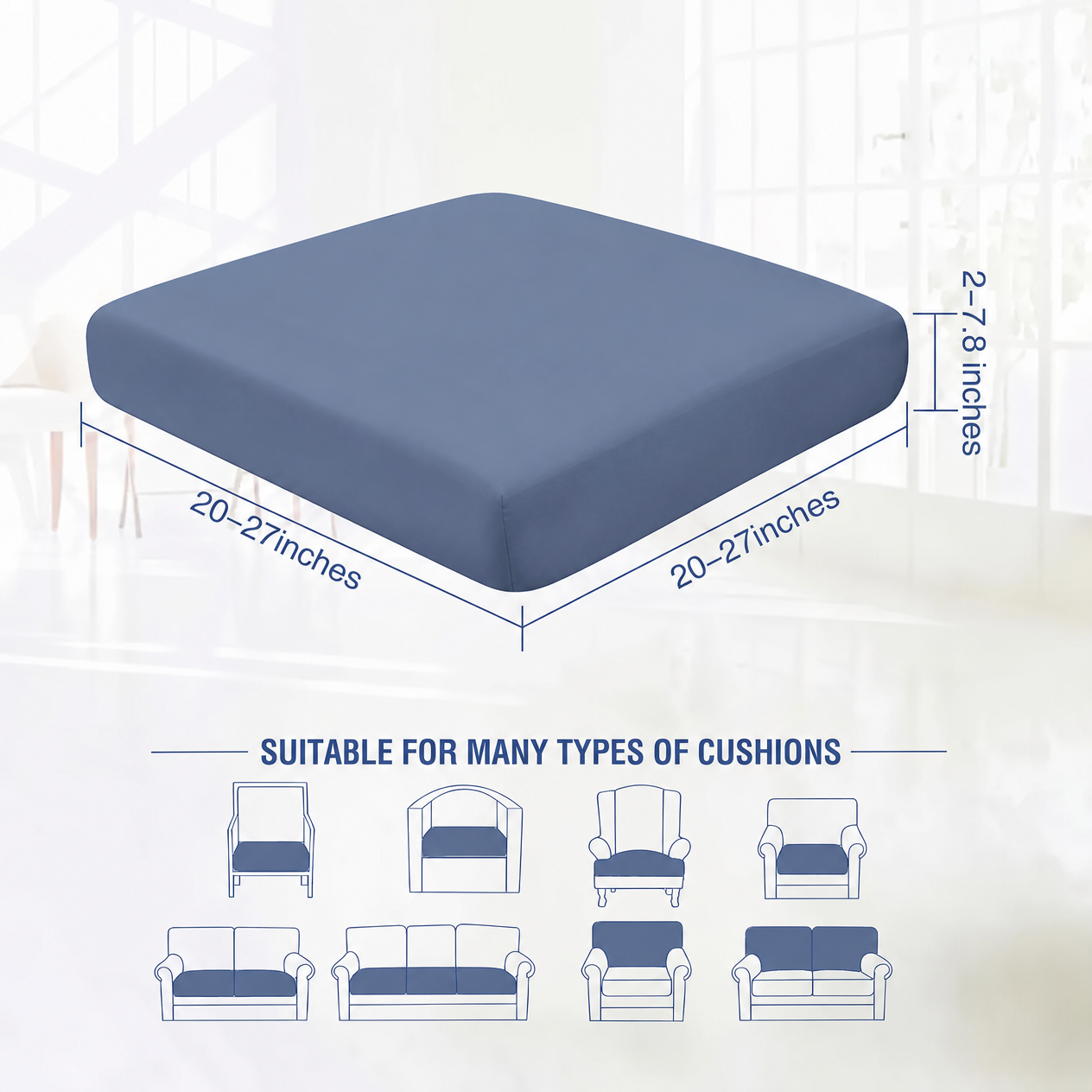 Slate Blue Cushion cover size guide for different sofa cushions