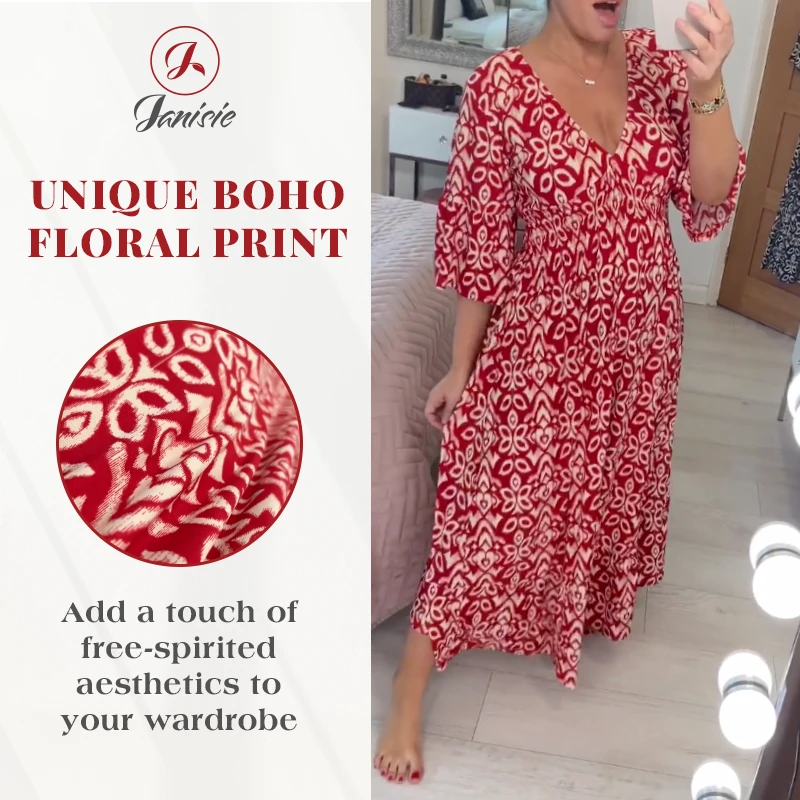 Bohemian casual print V-neck shirred waist long dress