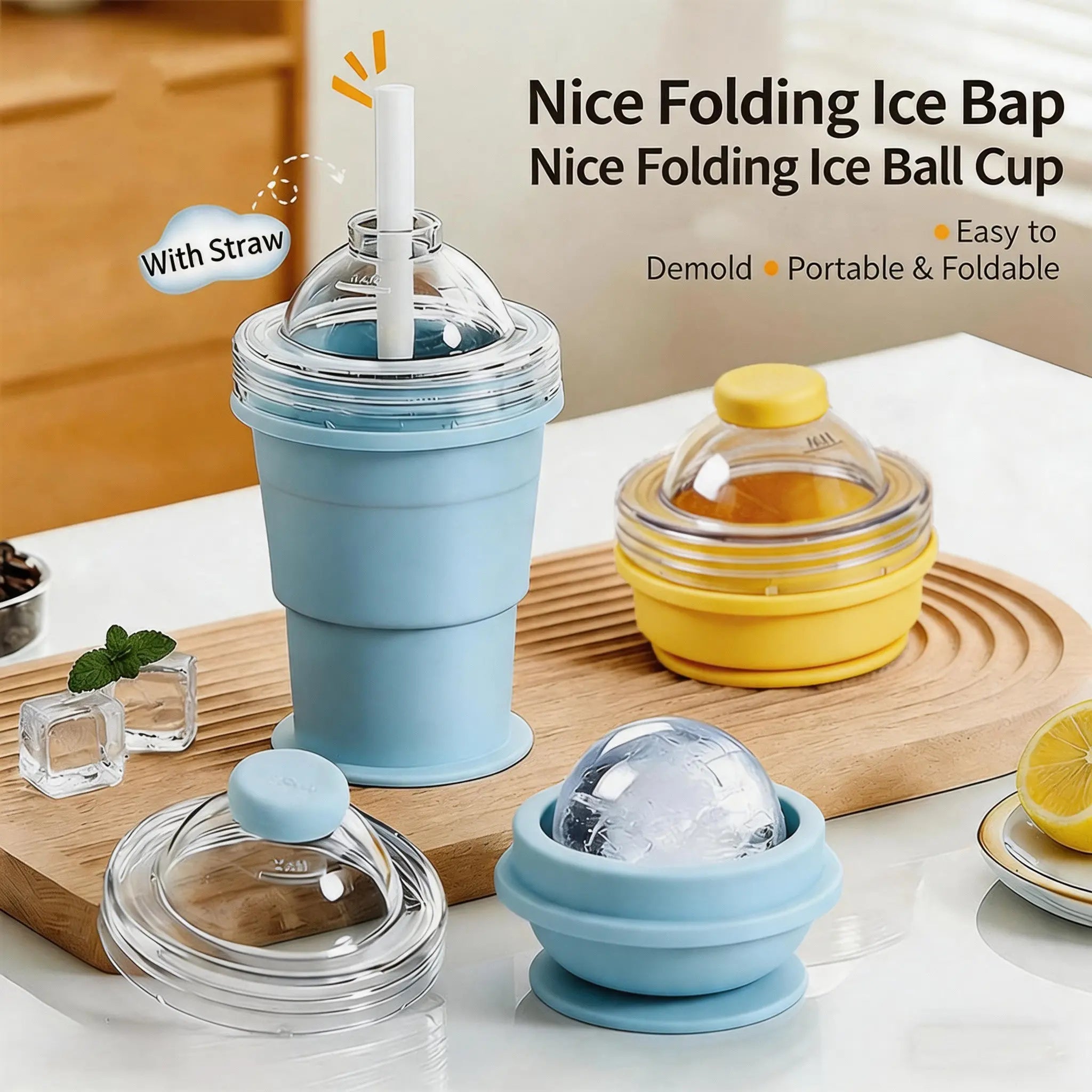 Folding Food-Grade Silicone Ice Hockey Cup & Spherical Ice Cube Mold