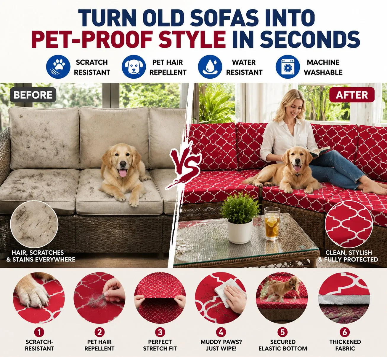 Red Geometric Pet Friendly cushion covers for  indoor sofa