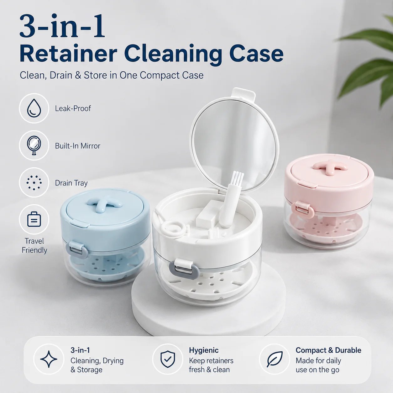 🔥3-in-1 Leak-Proof Retainer Cleaning Case with Mirror, Drain Tray & Travel Storage