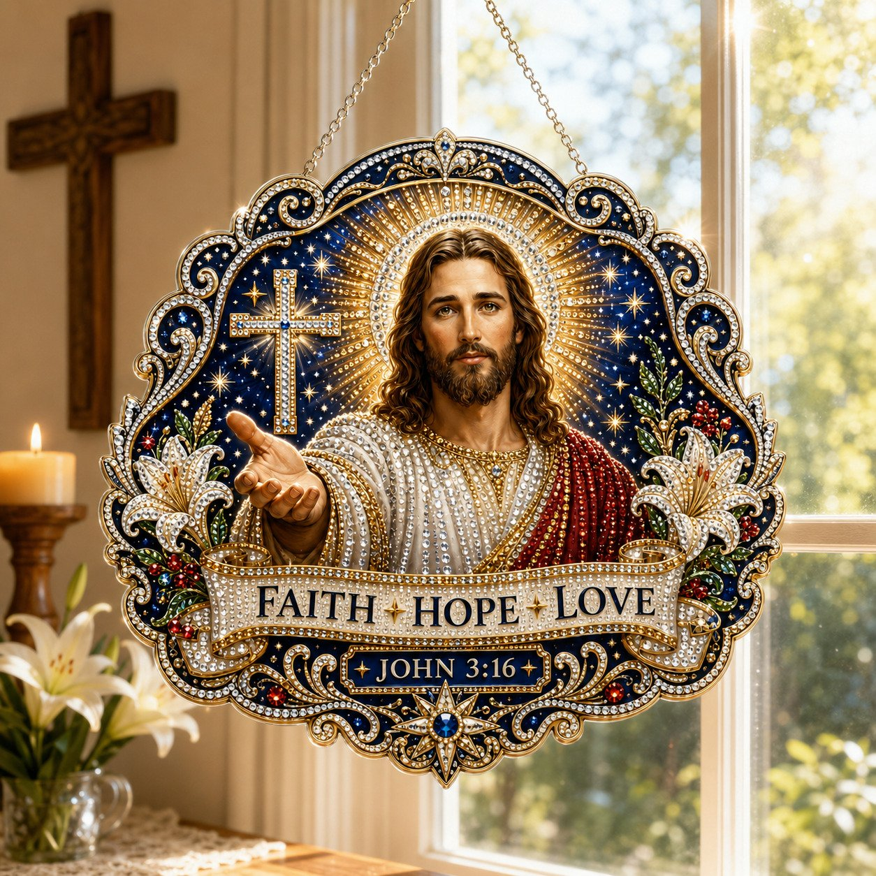 ✝️💐 Cross, Flowers & Dove Diamond Art Hanging Ornament Kit – A Relaxing DIY Craft Filled with Faith & Peace ✨🙏