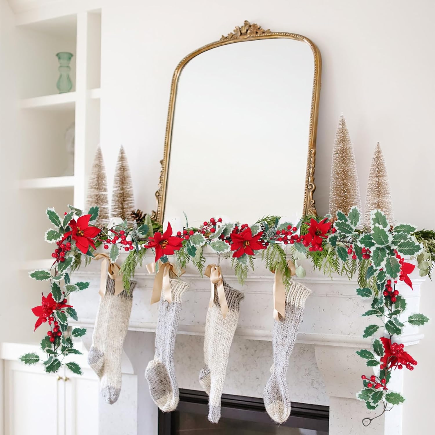 LED Christmas Wreath String Lights with Red Berries and Faux Leaves