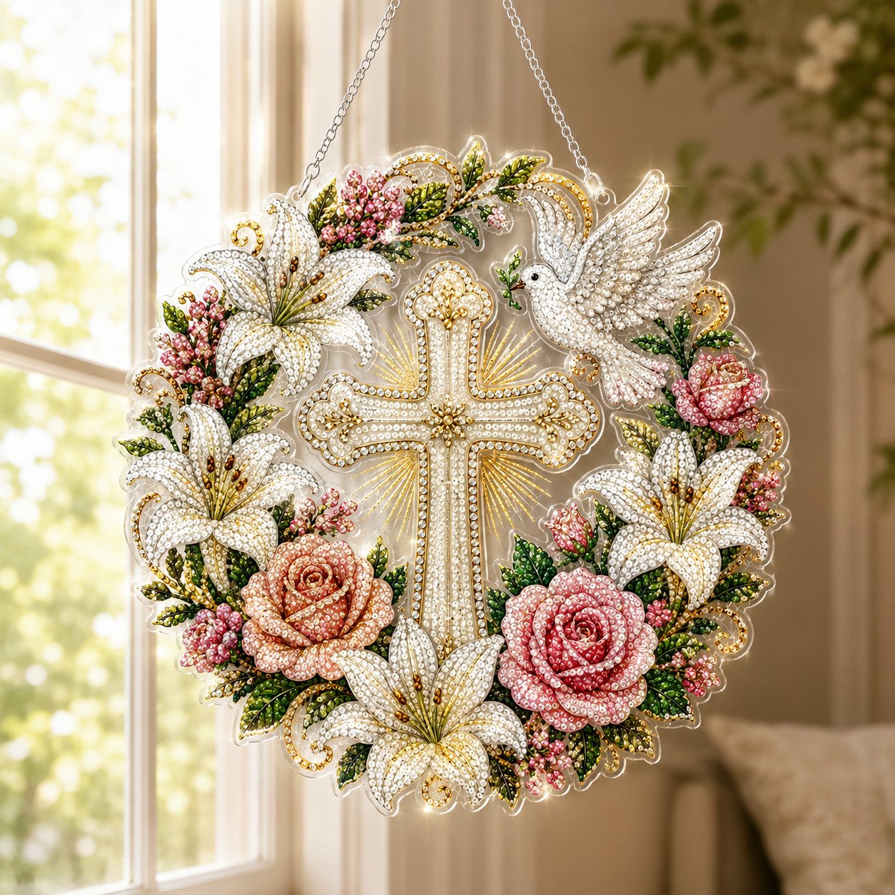 ✝️💐 Cross, Flowers & Dove Diamond Art Hanging Ornament Kit – A Relaxing DIY Craft Filled with Faith & Peace ✨🙏