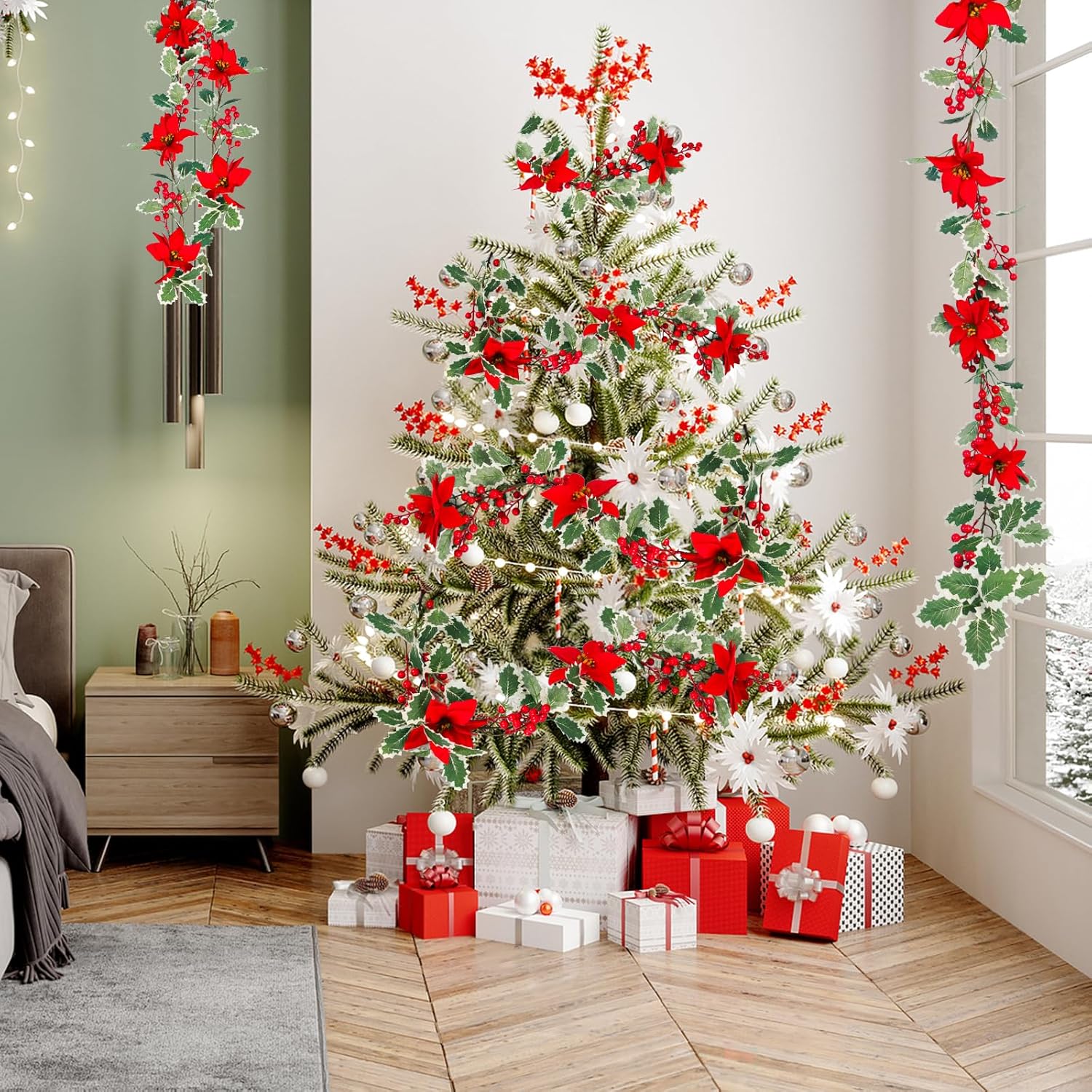 LED Christmas Wreath String Lights with Red Berries and Faux Leaves