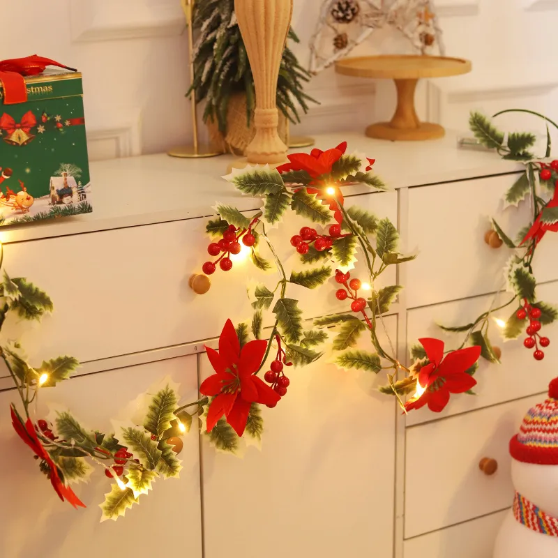LED Christmas Wreath String Lights with Red Berries and Faux Leaves