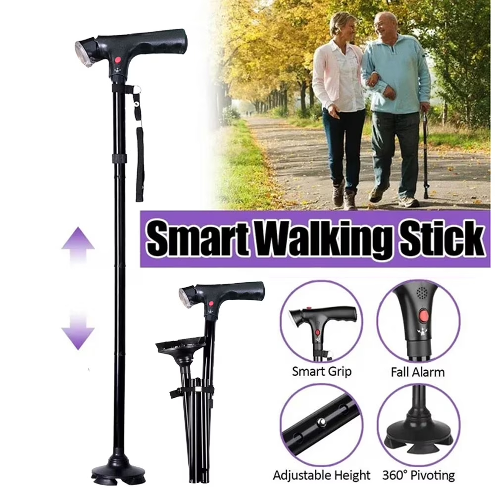 Ultimate Magic Folding Walking Stick Height Adjustable Lightweight LED Light & Alarm