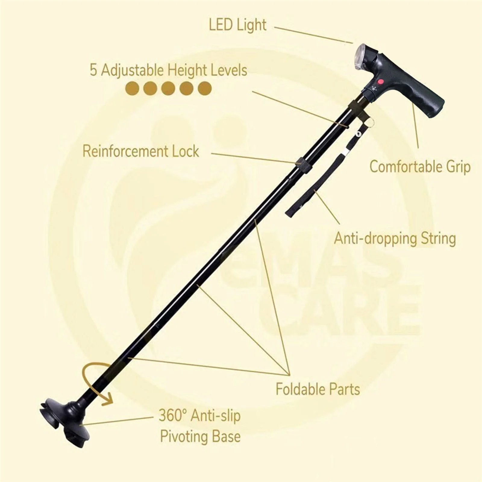 Ultimate Magic Folding Walking Stick Height Adjustable Lightweight LED Light & Alarm