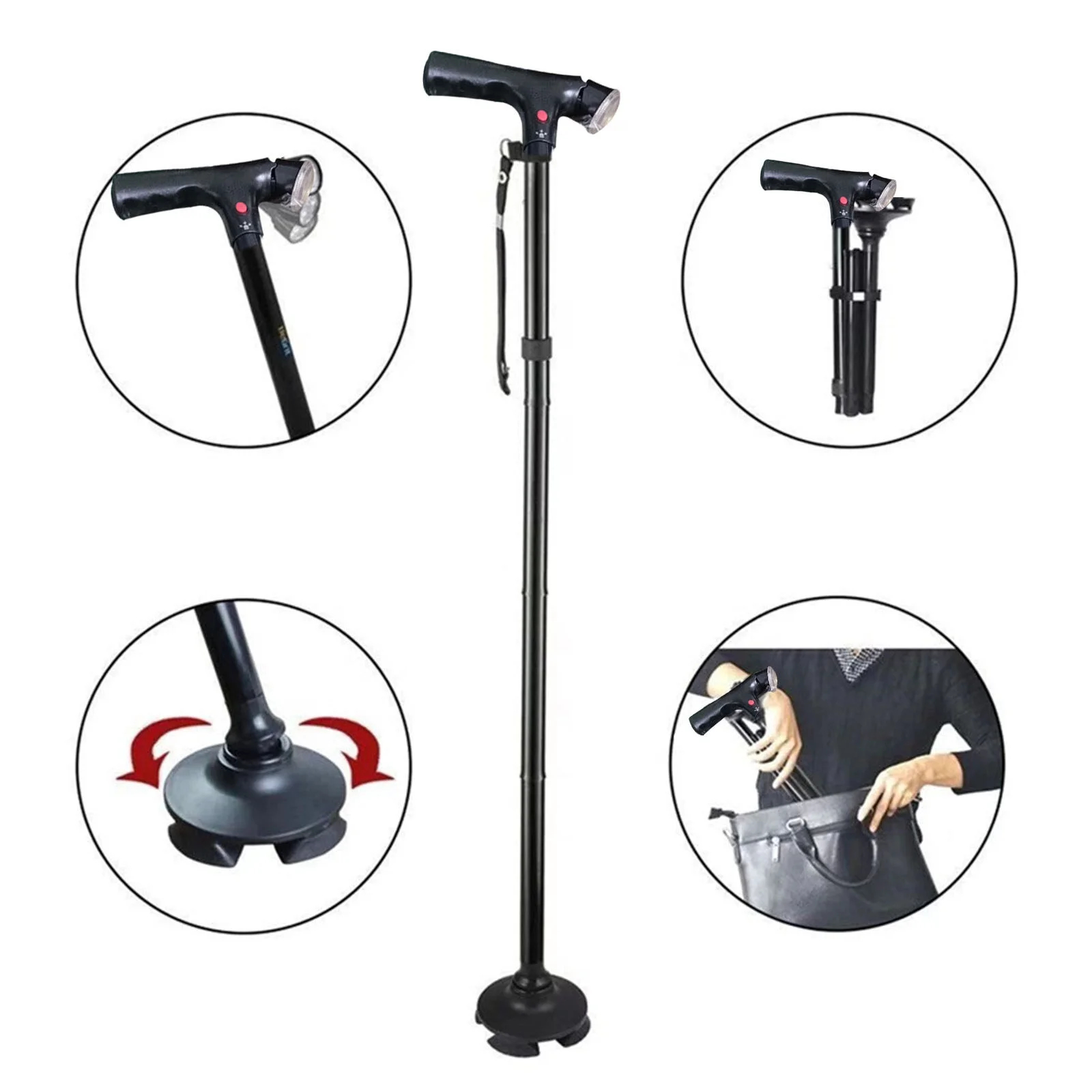 Ultimate Magic Folding Walking Stick Height Adjustable Lightweight LED Light & Alarm