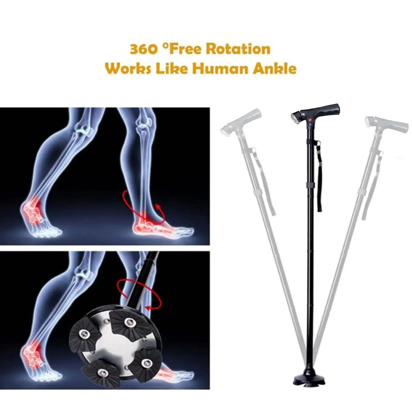 Ultimate Magic Folding Walking Stick Height Adjustable Lightweight LED Light & Alarm