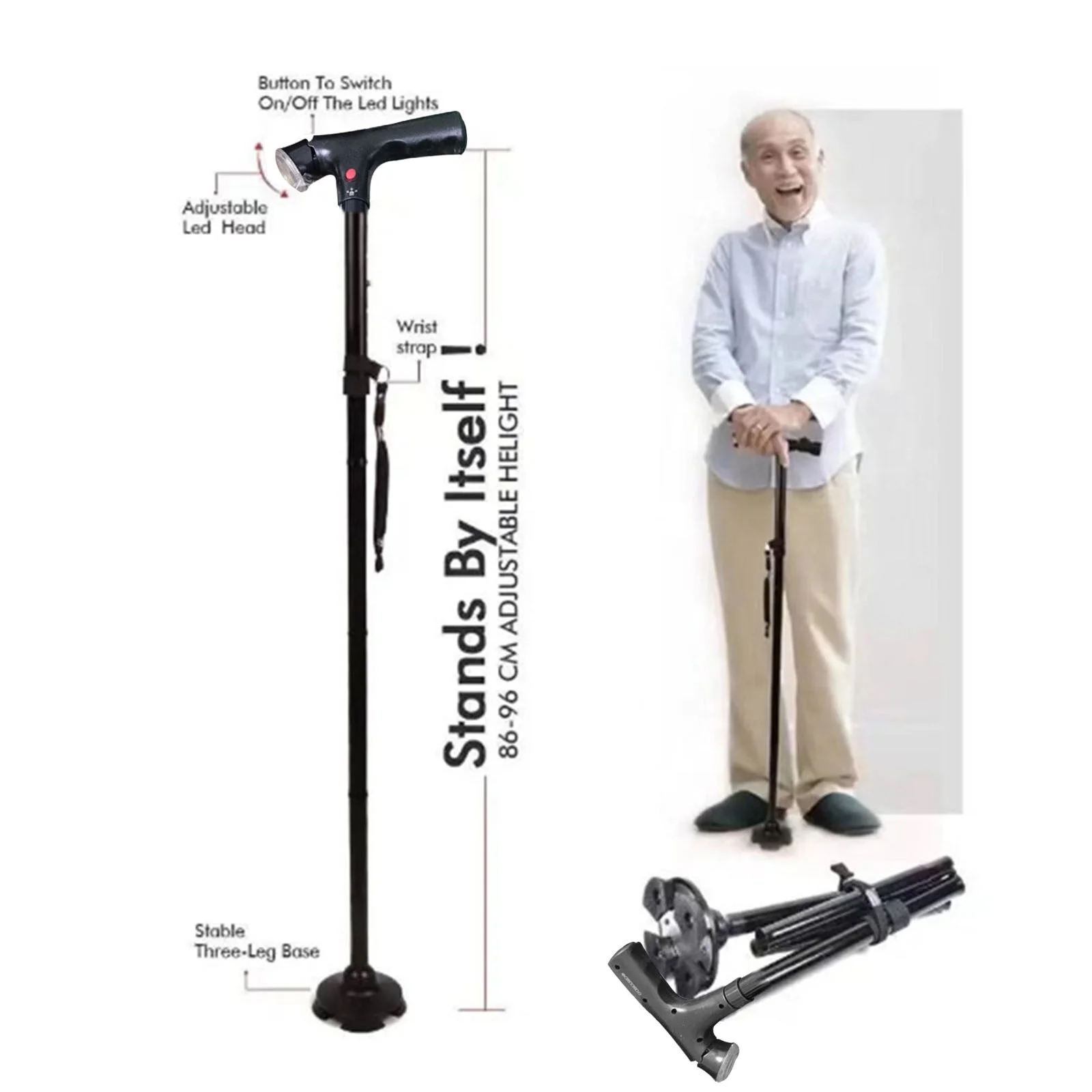 Ultimate Magic Folding Walking Stick Height Adjustable Lightweight LED Light & Alarm